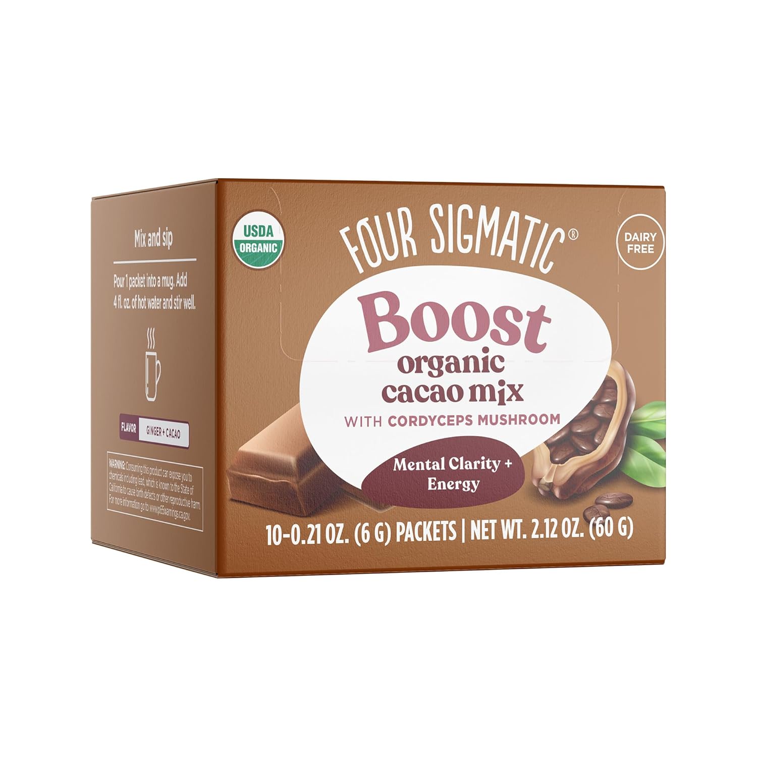 Mushroom Cacao By Four Sigmatic, Organic Instant Cacao With Cordyceps & Ginger, Supports Stamina & Energy, Drink It Or Bake With It, 10 Count