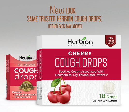 Herbion Naturals Cough Drops with Natural Cherry Flavor, Dietary Supplement, Soothes Cough, For Adults and Children over 6 years, 18 Drops, No Artificial Flavor, No Added Color