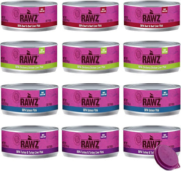 Rawz Natural Premium Canned Cat Wet Food Pate-12 Pack Variety Bundle - 4 Flavors - (Turkey, Chicken & Liver, Salmon & Beef) (5.5Oz Cans) With Hotspot Pets Can Lid