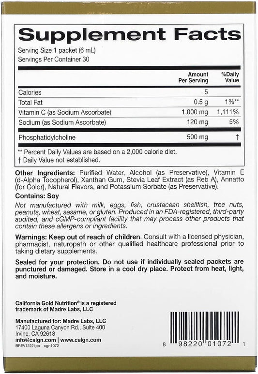 Liposomal Vitamin C By California Gold Nutrition - Liquid Supplement For Antioxidant & Immune Support - Vegan Friendly - Gluten Free, Non-Gmo - 1,000 Mg - 30 Packets - Natural Orange Flavor