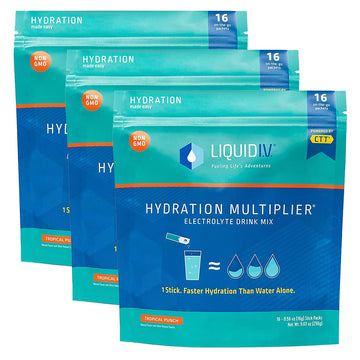 Liquid I.V. Hydration Multiplier - Tropical Punch - Hydration Powder Packets | Electrolyte Powder Drink Mix | Easy Open Single-Serving Sticks | Non-GMO | 3 Pack (48 Servings)