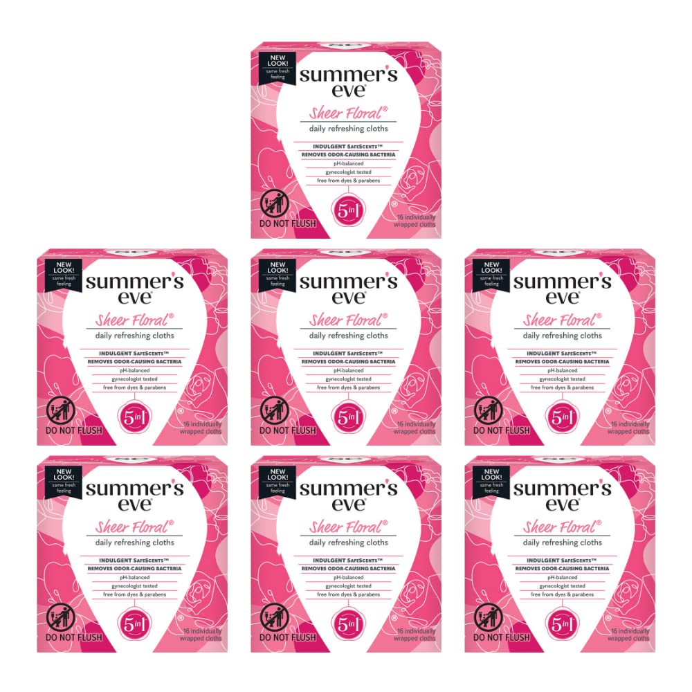 Summer'S Eve Sheer Floral Daily Refreshing Feminine Wipes, Removes Odor, Ph Balanced, 16 Count, (Pack Of 7)