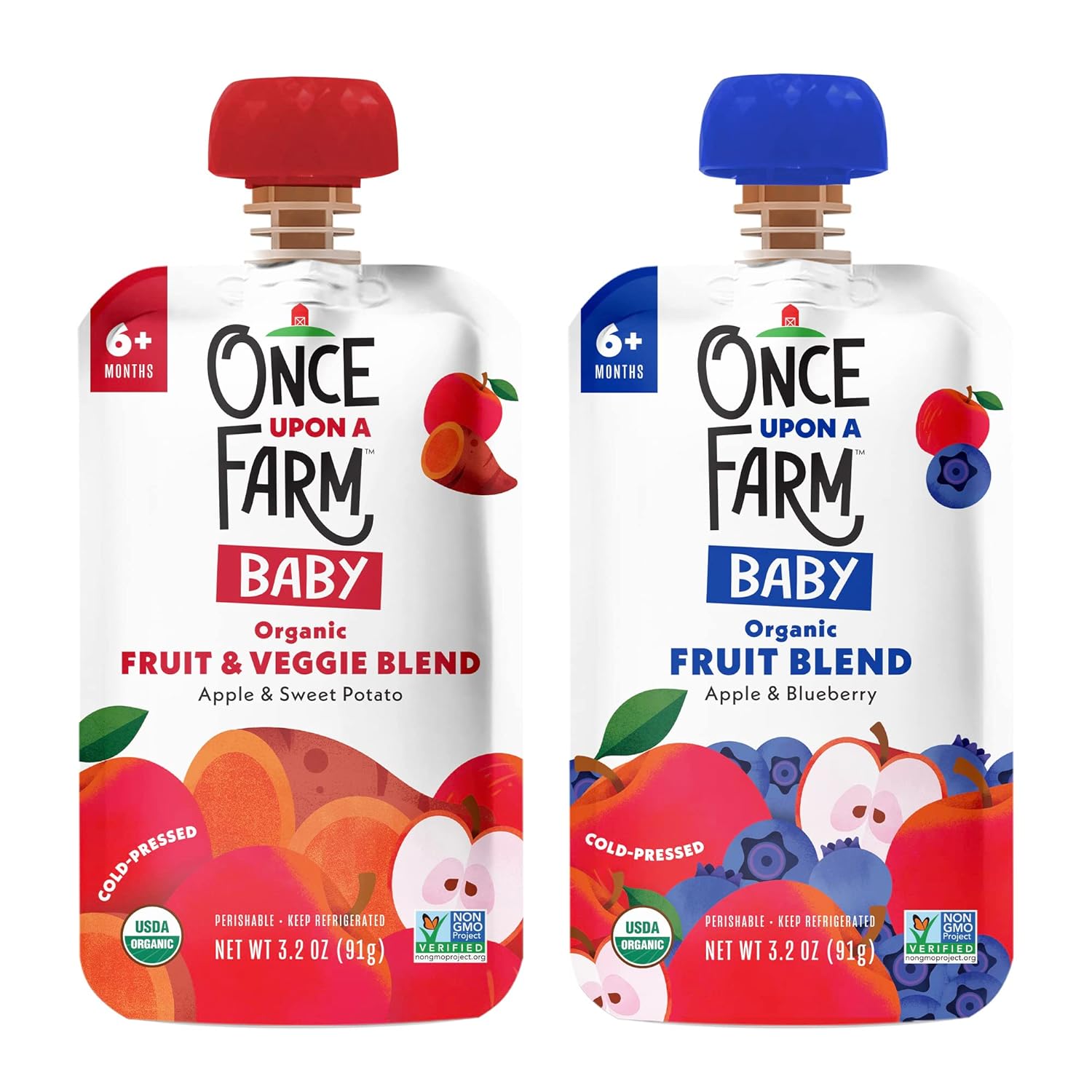 Once Upon A Farm | Organic Baby Blends | Apple Sweet Potato, Apple Blueberry | Cold-Pressed | Unsweetened | Dairy-Free Plant Based | Variety Pack Of 24