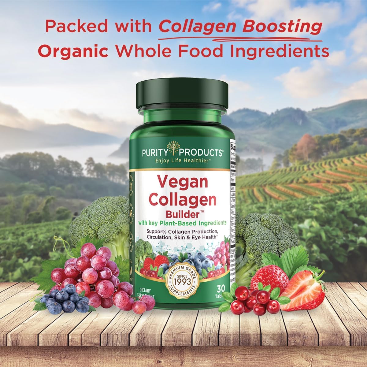 Vegan Collagen Builder - Organic Whole Foods Fruits + Veg, Silica, Lutein, Vitamin C, Biotin, Grape Seed - Amino Acids Glycine, Lysine + Proline Collagen Boosters - Once A Day - 30 Tablets : Health & Household