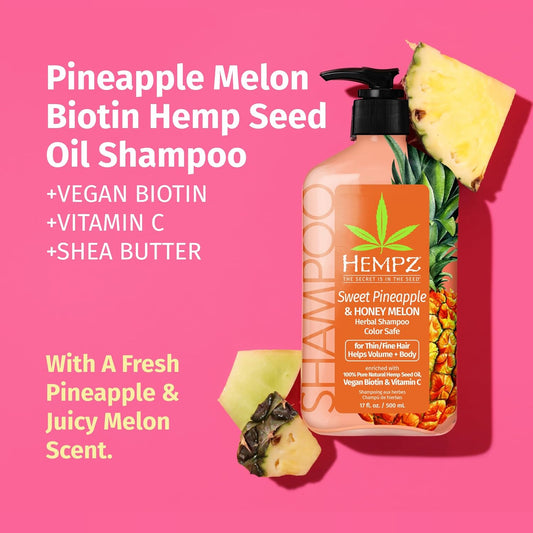 Hempz Biotin Shampoo - Sweet Pineapple & Honey Melon - For Thin/Fine Hair Growth & Strengthening Of Dry, Damaged And Color Treated Hair, Hydrating, Softening, Moisturizing - 17 Fl Oz