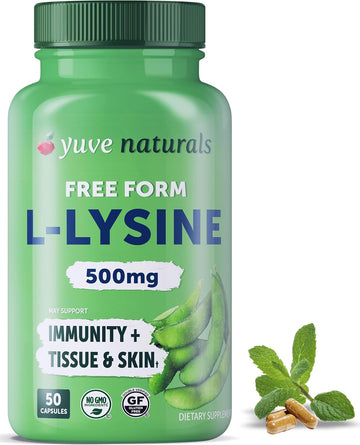 Yuve L-Lysine 500 Mg Essential Amino Acid - Immune, Cold Sores & Collagen Synthesis Support - Maintain Healthy Arginine Levels & Optimal Calcium Absorption - Vegan, Gelatin-Free, Non-Gmo - 50 Capsules