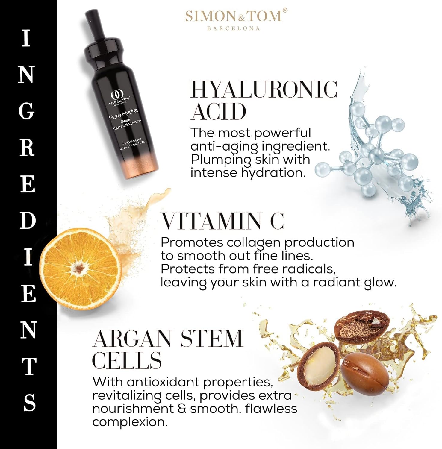 Simon&Tom Hyaluronic Acid Facial Serum - 30Ml - Light And Silky Feel And Ideal Base For Make-Up With Vitamin C And Argan Stem Cells - Non-Greasy Formula - Made In Spain