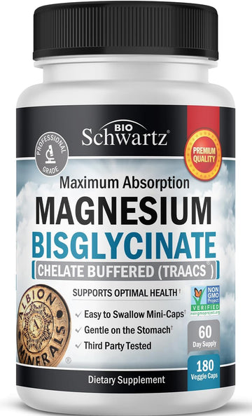 Magnesium Bisglycinate 100% Chelate No-Laxative Effect - Maximum Absorption Magnesium Supplement - Fully Reacted & Buffered For Energy Muscle Bone & Joint Support - Non-Gmo Project Verified -180Ct