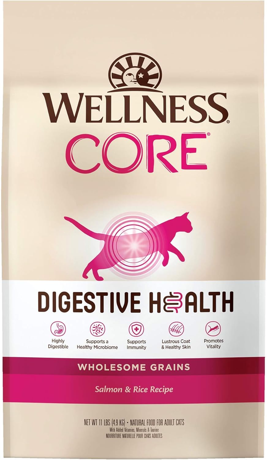 Wellness Core Digestive Health Wholesome Grains Probiotic Coated High Protein Dry Cat Food, Salmon & Rice Recipe, 11 Pound Bag