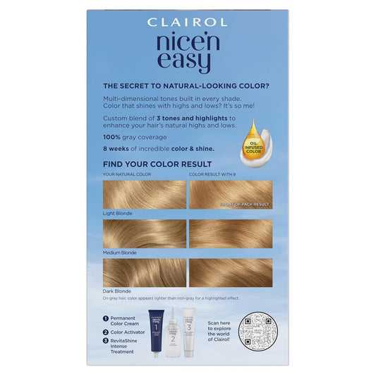 Clairol Nice'N Easy Permanent Hair Dye, 9 Light Blonde Hair Color, 3 Count
