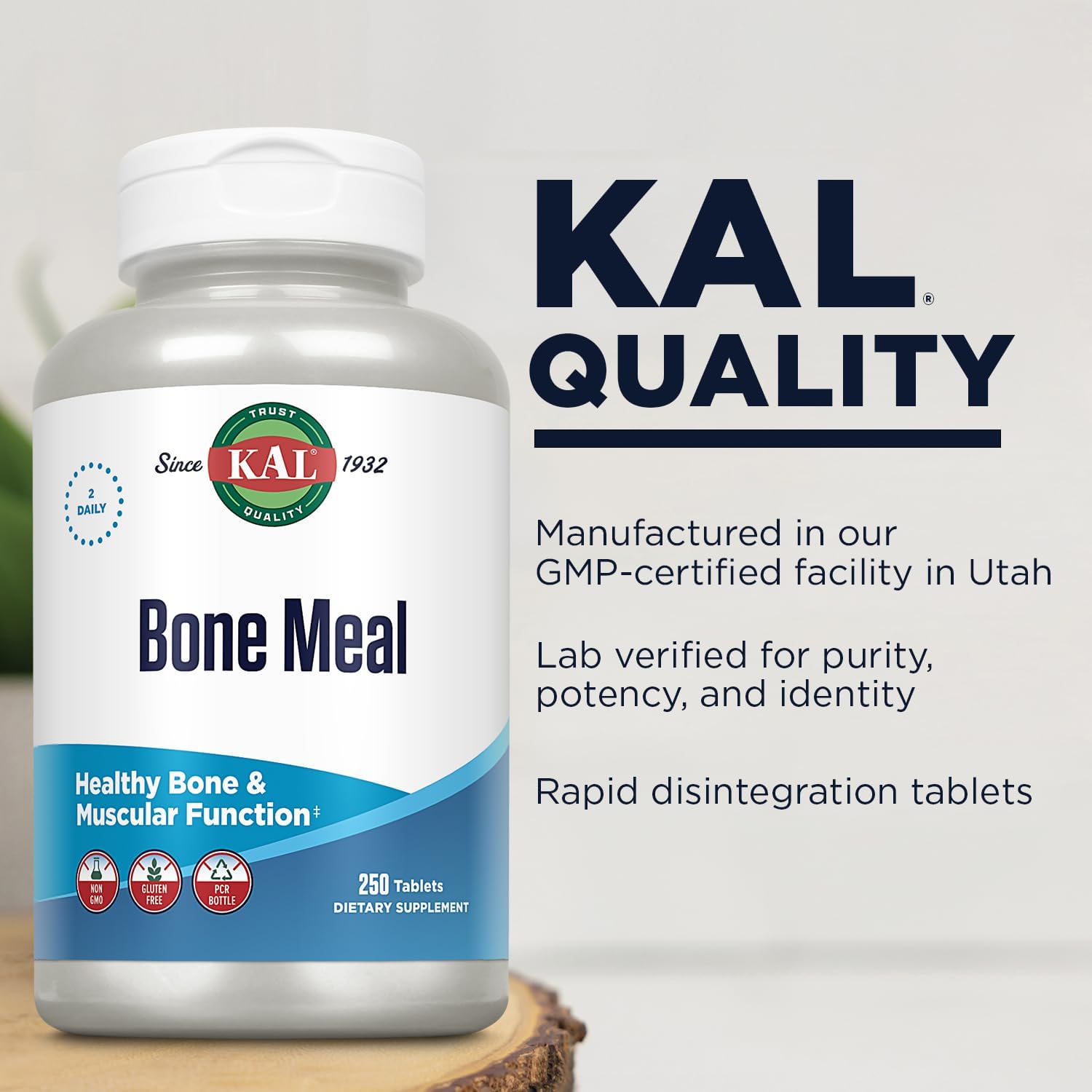 KAL Bone Meal Tablets, Calcium Supplement w/Magnesium, Vitamin D3 and K, Bone Health, Muscle and Nerve Function Support, Rapid Disintegration, Gluten Free, Non-GMO, 60-Day Guarantee, 125 Serv, 250ct : Health & Household