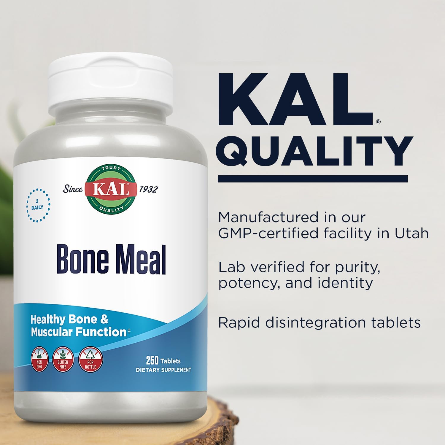 Kal Bone Meal Tablets, Calcium Supplement W/Magnesium, Vitamin D3 And K, Bone Health, Muscle And Nerve Function Support, Rapid Disintegration, Gluten Free, Non-Gmo, 60-Day Guarantee, 125 Serv, 250Ct : Health & Household