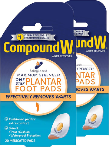 Compound W Maximum Strength One Step Plantar Wart Remover Foot Pads, 20 Ct, 2 Pack