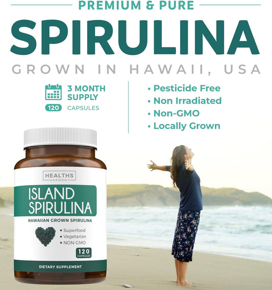 Healths Harmony Spirulina Capsules (Non-GMO) 120 Vegetarian Capsules 500mg - Grown in Hawaii USA - Blue Green Algae Vegan Superfood from Spirulina Powder - Gluten Free & Non-Irradiated - No Tablets