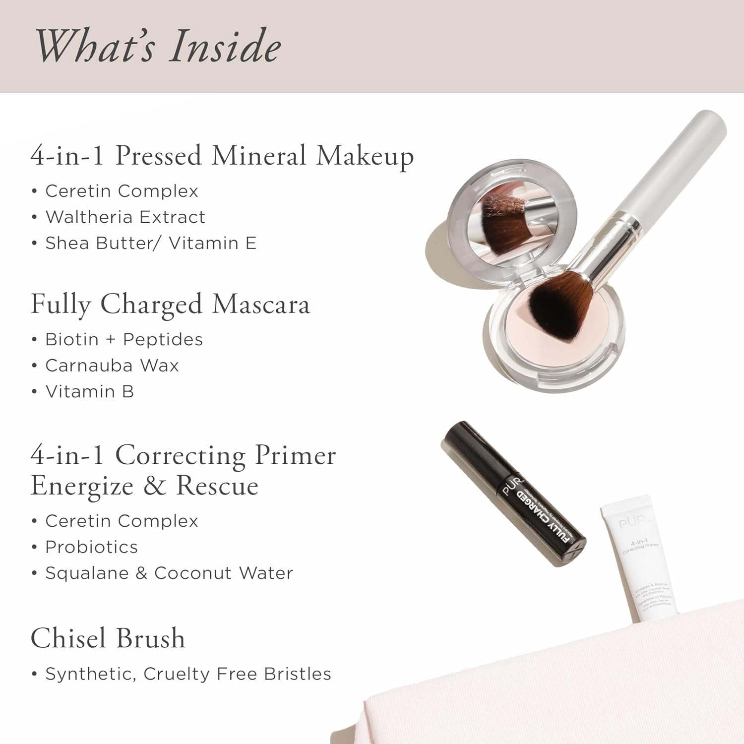 Pür Multitasking Essentials Best Sellers Kit, Golden Medium - Makeup Gift Set Includes 4-In-1 Correcting Primer, Fully Charged Mascara, 4-In-1 Pressed Mineral Powder & 1 Chisel Brush : Health & Household