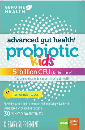 Genuine Health Probiotic For Kids, Lemonade Flavor, 5 Billion Cfu, Digestive + Immune Support, Shelf Stable, For Advanced Gut Health, 30 Count Chewable Tablets