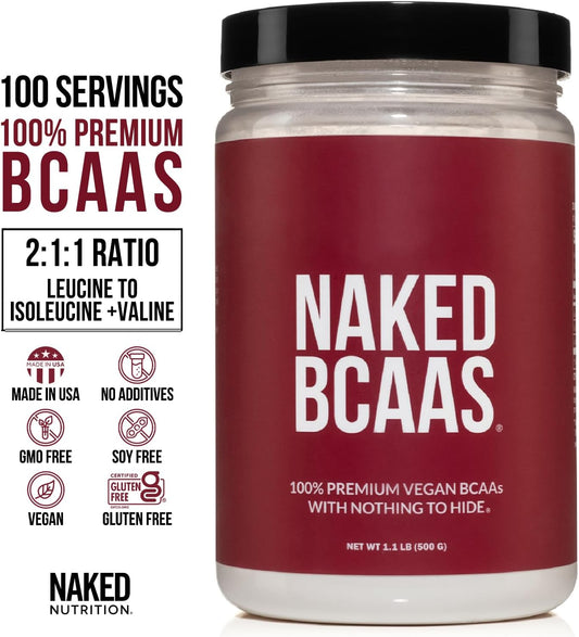 NAKED nutrition Naked BCAAs Amino Acids Powder, Only 1 Ingredient, Pure 2:1:1 Formula, Vegan Unflavored Branched Chain Amino Acids, Instantized All Natural BCAA Supplement - 500 Grams, 100 Servings
