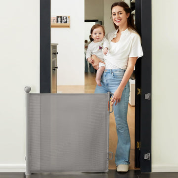 Momcozy Auto Lock Retractable Baby Gate, Safety Gate For Baby And Pet, 33” Tall, Extends To 55” Wide, Mesh Safety Dog Gate For Stairs, Indoor, Outdoor, Doorways, Hallways