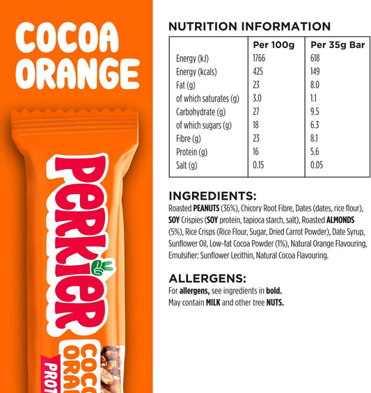 Perkier Cocoa Orange Bars (30 Bars), Vegan, Gluten Free, Protein, High Fibre, Lower Sugar Snack, Natural Ingredients, Lower Calorie, Healthy, No Palm Oil, Nut Bar, Carbon Neutral