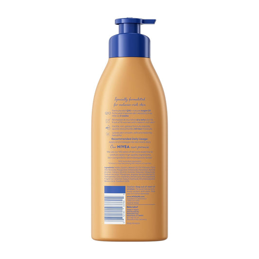 NIVEA Skin Firming Melanin Beauty and Hydration Body Lotion with Q10 and Argan Oil, Firmer Skin in as Little As Two Weeks, 16.9 Fl Oz Bottle
