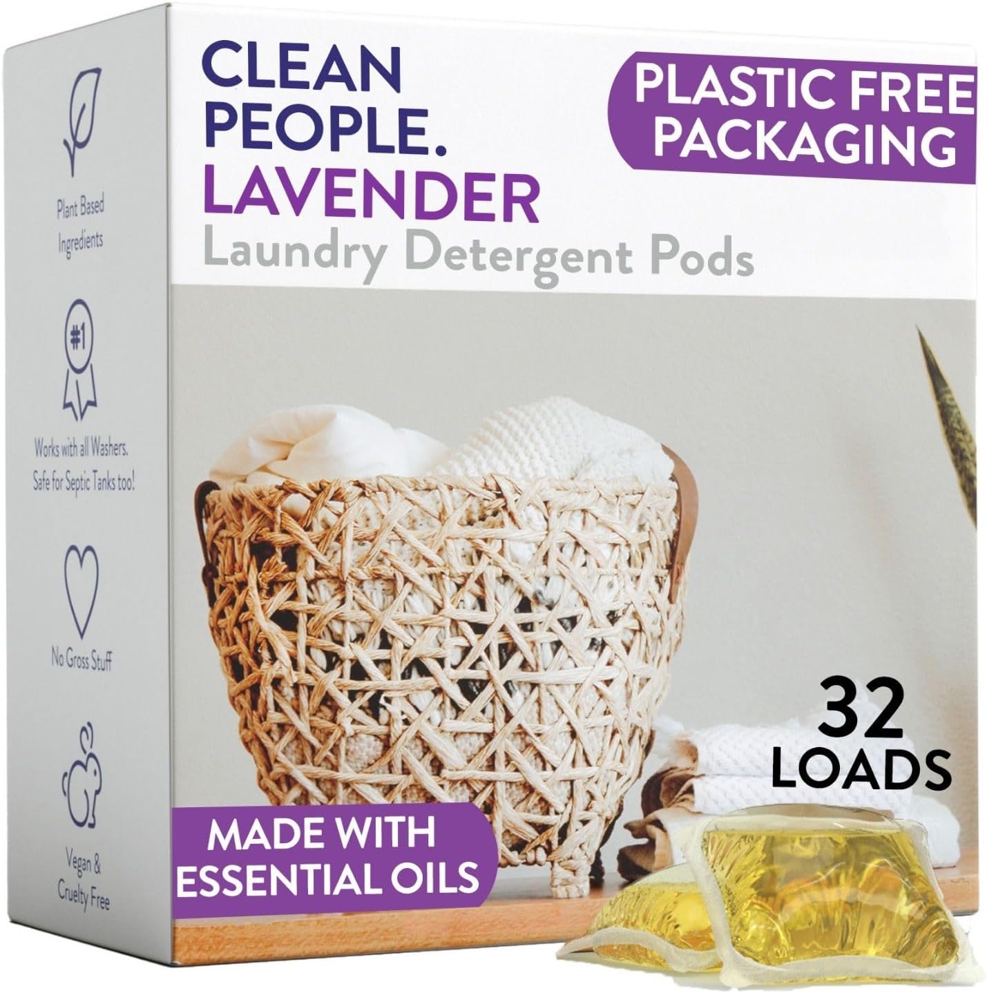 The Clean People Laundry Detergent Pods - Hypoallergenic Laundry Pods - Ultra Concentrated, Recyclable Packaging, Stain Fighting - Lavender, 32 Pack