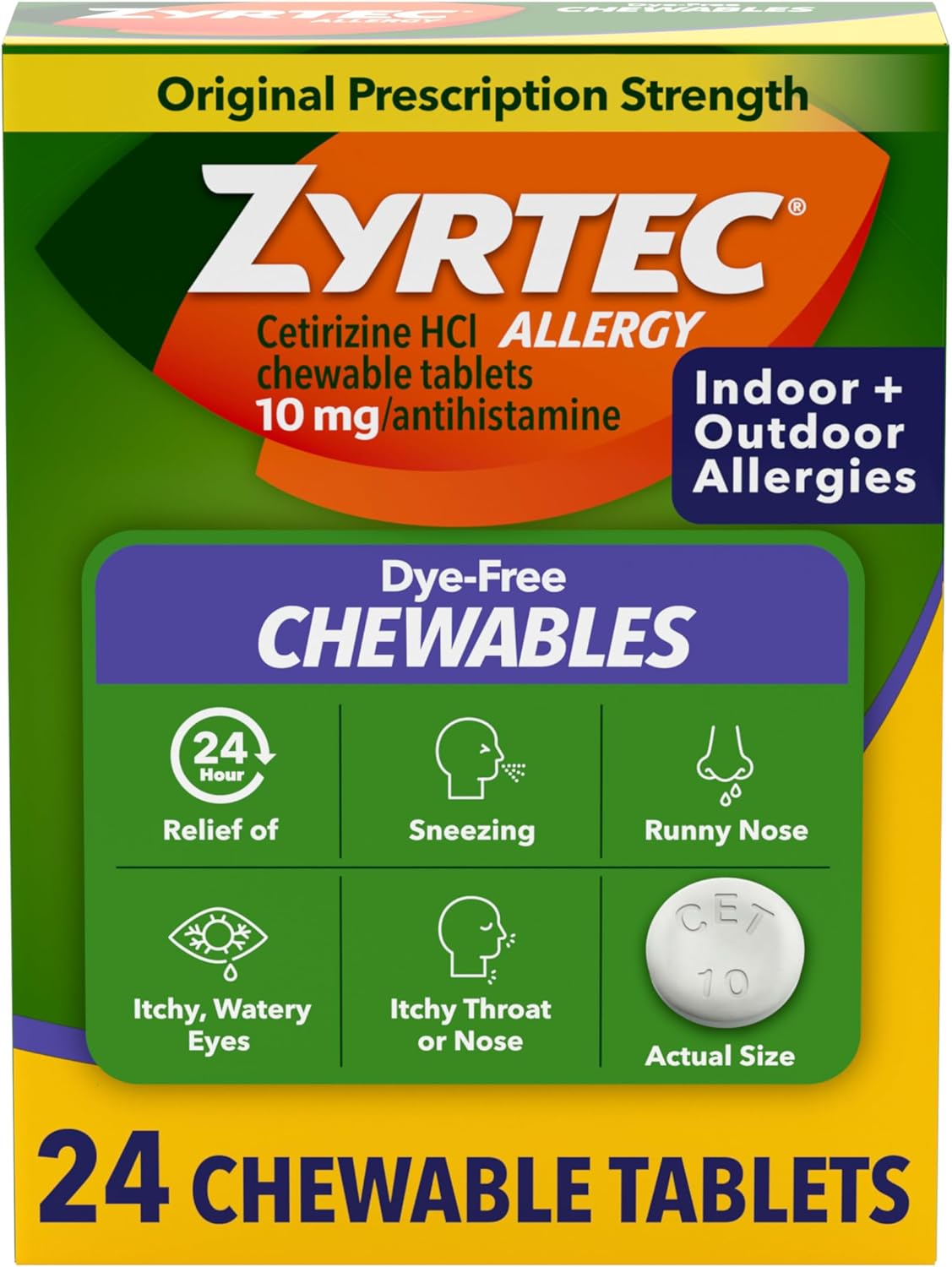 Zyrtec 24 Hour Allergy Relief Chewable Tablets With 10 Mg Cetirizine Hydrochloride Antihistamine, Allergy Medicine For Symptoms Such As Runny Nose & Itchy, Watery Eyes, Dye-Free, 24 Ct