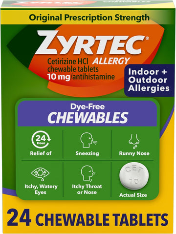 Zyrtec 24 Hour Allergy Relief Chewable Tablets With 10 Mg Cetirizine Hydrochloride Antihistamine, Allergy Medicine For Symptoms Such As Runny Nose & Itchy, Watery Eyes, Dye-Free, 24 Ct