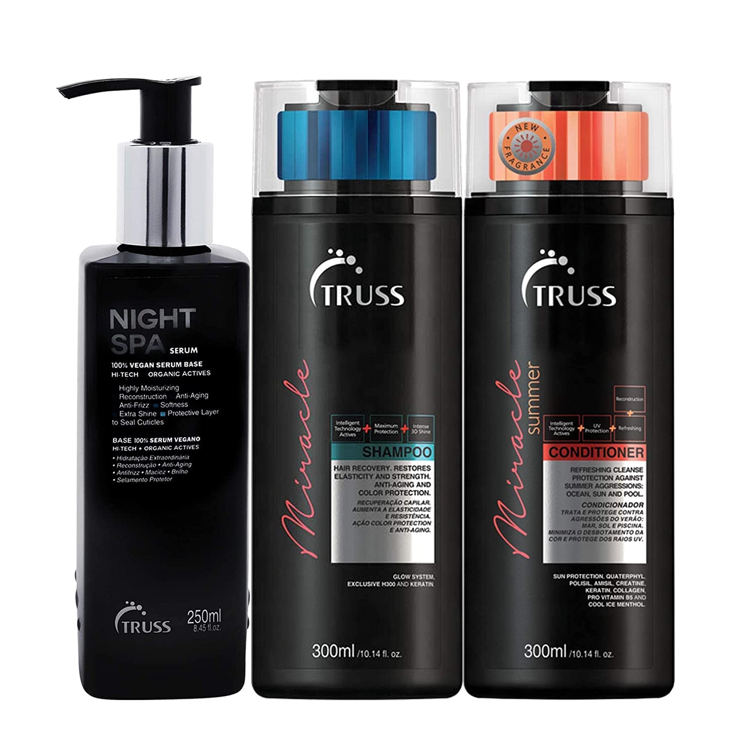 Truss Night Spa Hair Serum Bundle With Miracle Shampoo And Miracle Summer Conditioner Set