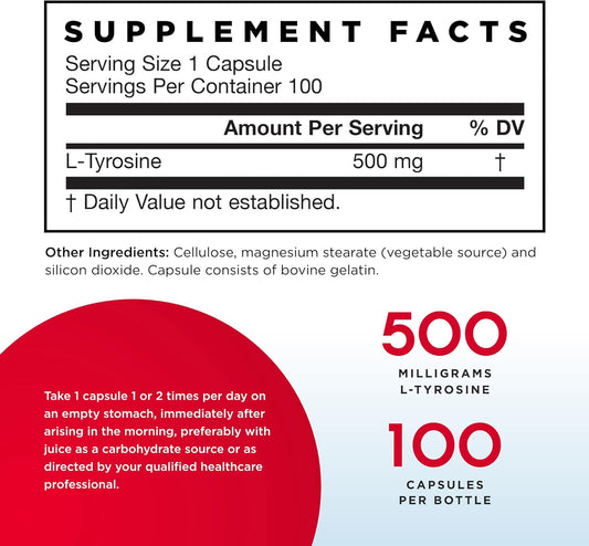 Jarrow Formulas L-Tyrosine 500 Mg - 100 Capsules, Pack Of 2 - Supports Brain Function - Brain Neurotransmitter Precursor - Contains Pure Crystalline L-Tyrosine - 200 Total Servings