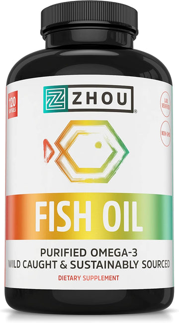 Zhou Nutrition Fish Oil, Max Strength Omega 3 Fish Oil, 1250 Mg With Epa And Dha, Purified, Sustainably Sourced Fish Oil, Heart, Joint And Brain Health, Burpless Softgels, 120 Servings