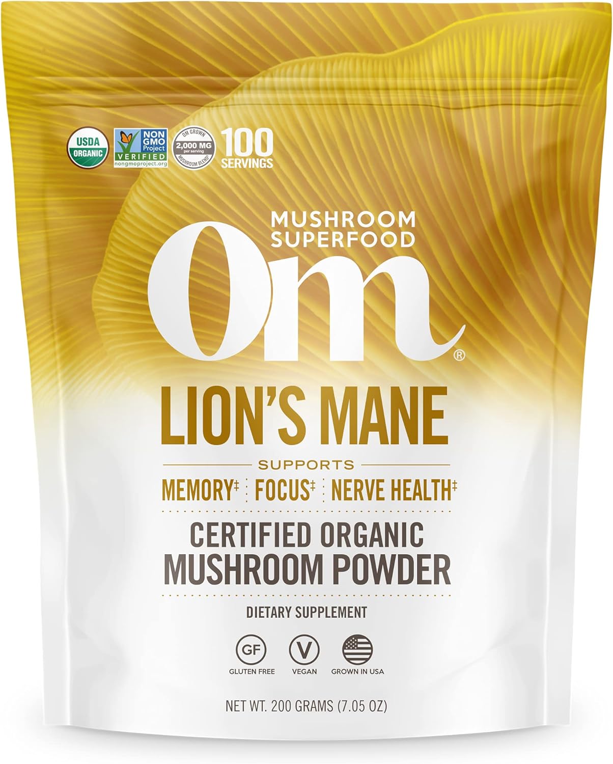 Om Mushroom Superfood Lion's Mane Organic Mushroom Powder, 7.05  Pouch, 100 Servings, Fruit Body and Mycelium Nootropic for Memory Support, Focus, Clarity, Nerve Health, Creativity and Mood