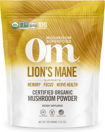 Om Mushroom Superfood Lion's Mane Organic Mushroom Powder, 7.05  Pouch, 100 Servings, Fruit Body and Mycelium Nootropic for Memory Support, Focus, Clarity, Nerve Health, Creativity and Mood
