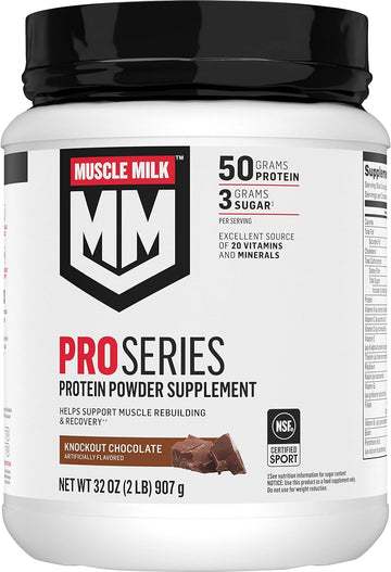 Muscle Milk Pro Series Protein Powder Supplement,Knockout Chocolate,2 Pound,11 Servings,50G Protein,3G Sugar,20 Vitamins & Minerals,Nsf Certified For Sport,Workout Recovery,Packaging May Vary