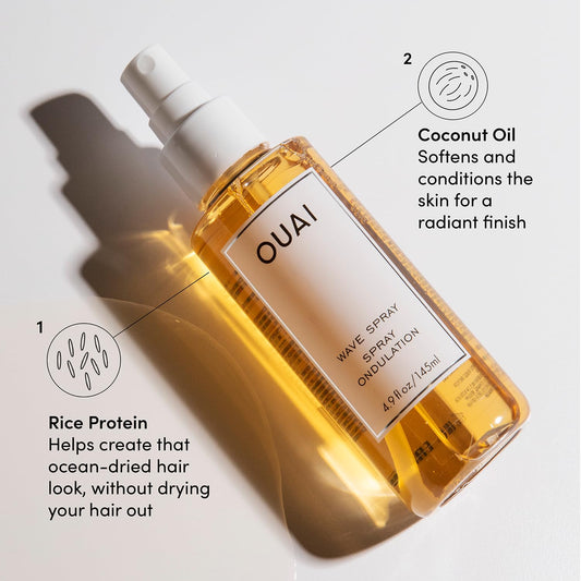OUAI Wave Spray - Hair Texture Spray for Perfect, Effortless Beachy Waves - Curl Enhancing Spray Adds Texture, Body & Shine - Safe for Color Treated Hair - Free of Parabens and Sulfates - 4.9 fl oz