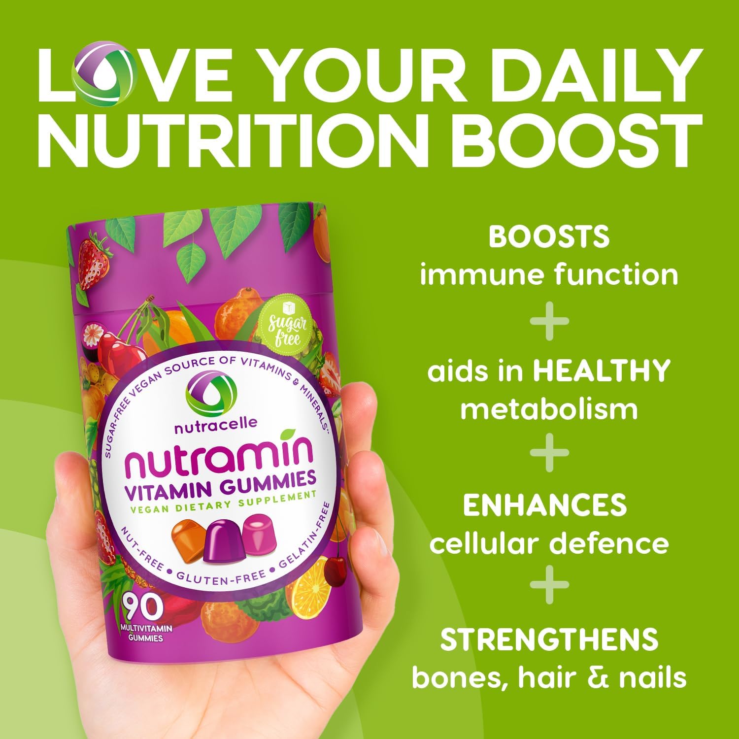 NUTRAMIN Daily Vegan Keto Multivitamin Gummies Vitamin C, D2, and Zinc for Immunity, Plant-Based, Sugar-Free, Nut-Free, Gluten-Free, with Biotin, Vitamin A, B, B6, B12 & More 90 Count, 45 Days : Everything Else