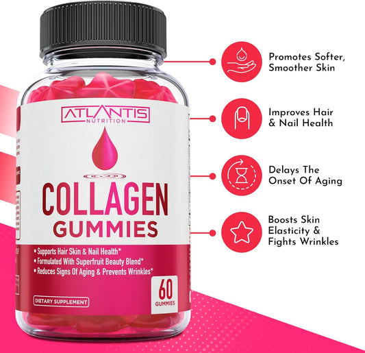 Atlantis Nutrition Collagen Peptides Gummies For Women - Formulated With Type I & Iii - Vitamin & Superfruit Beauty Blend - Formulated To Support Hair, Nail & Skin Health | 60 Count