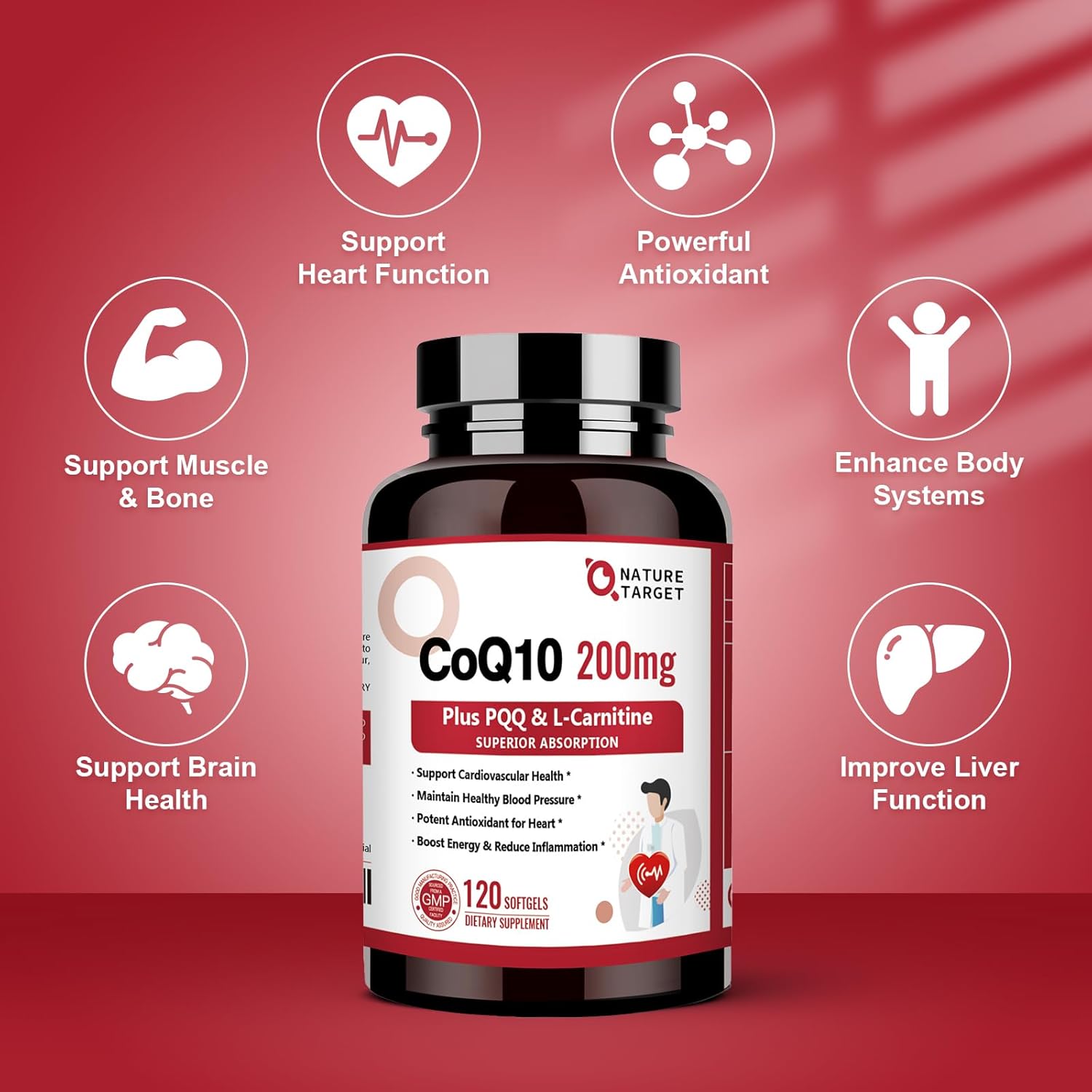 NATURE TARGET CoQ10-200mg with PQQ L-Carnitine & Omega-3s, High Absorption Coenzyme-Q10 with BioPerine, Supports Heart and Immune System, Cellular-Energy-Production, 120 Servings : Health & Household