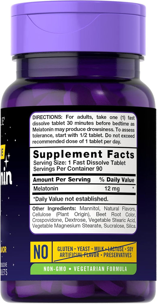 Carlyle Melatonin 12 Mg Fast Dissolve 90 Tablets | Natural Berry Flavor | Vegetarian, Non-Gmo, Gluten Free