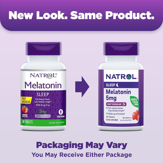 Natrol Melatonin Fast Dissolve Tablets, Helps You Fall Asleep Faster, Stay Asleep Longer, Easy To Take, Dissolves In Mouth, Strengthen Immune System, Strawberry Flavor, 5Mg, 30 Count