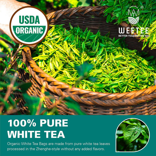 Wt Weetee Organic White Tea Bags, Usda Organic Pure White Tea 100 Count, Mellow & Smooth, Perfect For Hot Or Iced Tea