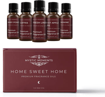 Mystic Moments | Home Sweet Home Fragrance Oil Gift Starter Pack 5X10Ml | Baby Powder, Hot Apple Pie, Coffee, Fresh Linen, Jasmine | Perfect As A Gift