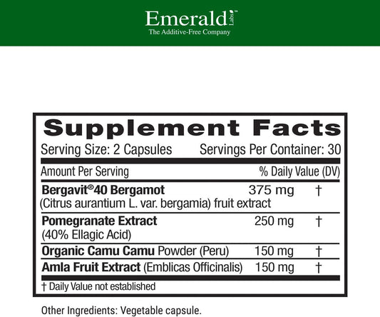 Emerald Labs Bergamot+ - Supports Metabolism & Heart Health With Bergamot, Pomegranate, Amla & Camu Camu - Gluten-Free & Vegan - 60 Vegetable Capsules (30 Servings)