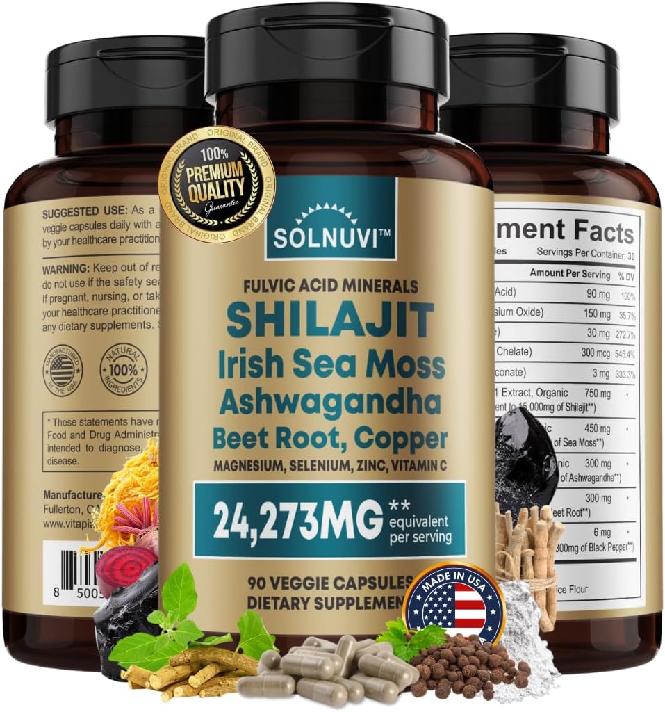 Shilajit Pure Himalayan Organic Capsules 15000Mg With Irish Sea Moss, Ashwagandha, Copper, Beet Root - Fulvic Acid Trace Minerals Supplement For Men & Women - 90 Count, Non-Gmo, Gluten-Free