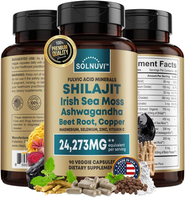 Shilajit Pure Himalayan Organic Capsules 15000Mg With Irish Sea Moss, Ashwagandha, Copper, Beet Root - Fulvic Acid Trace Minerals Supplement For Men & Women - 90 Count, Non-Gmo, Gluten-Free