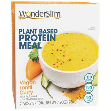 WonderSlim Plant Based Protein Meal, Vegan Lentil Curry, 5g Fiber, Gluten Free, Low Carb (7ct)
