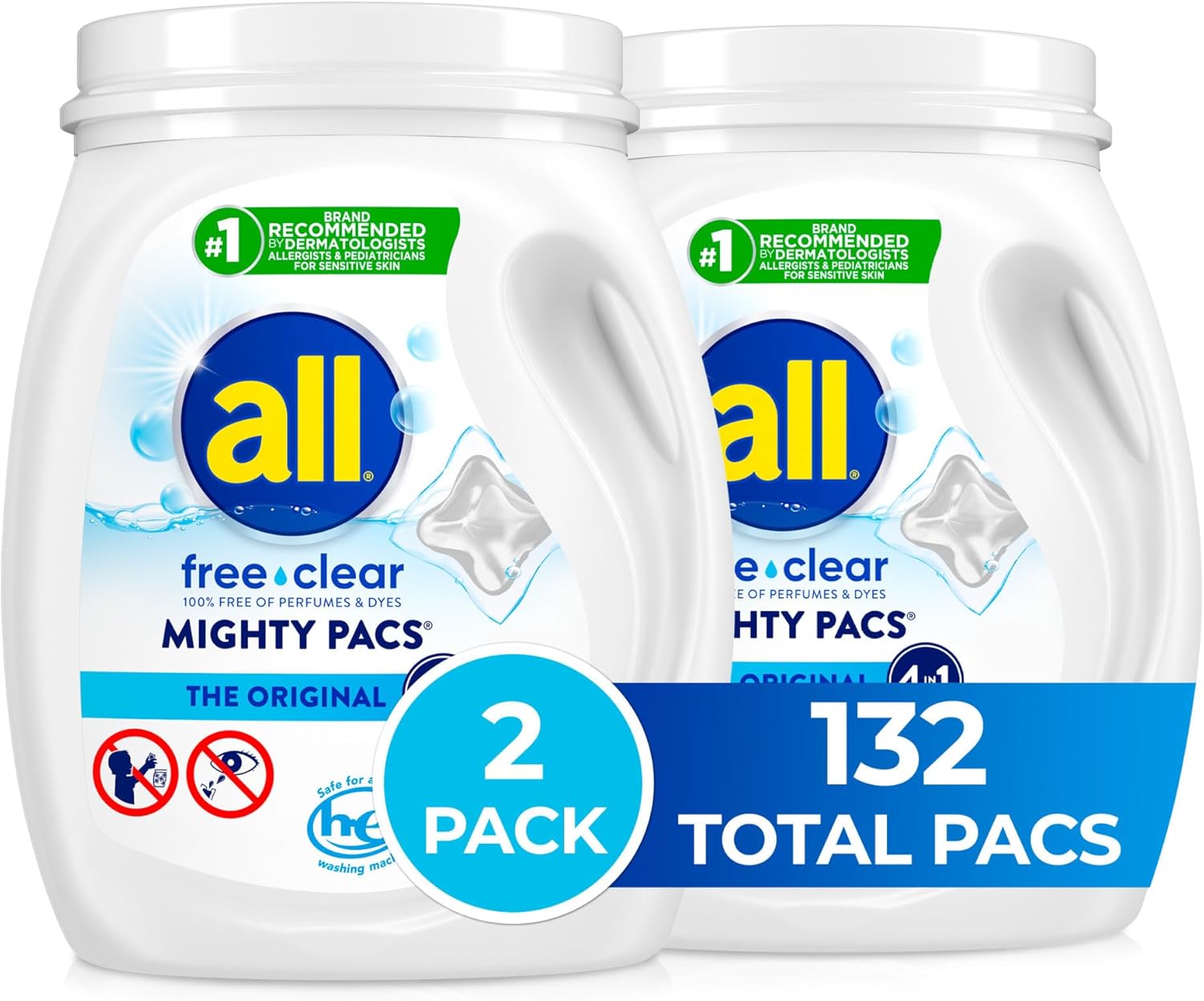 All Mighty Pacs With Stainlifters Free Clear Laundry Detergent, Free Clear For Sensitive Skin, 66 Count - (Pack Of 2)