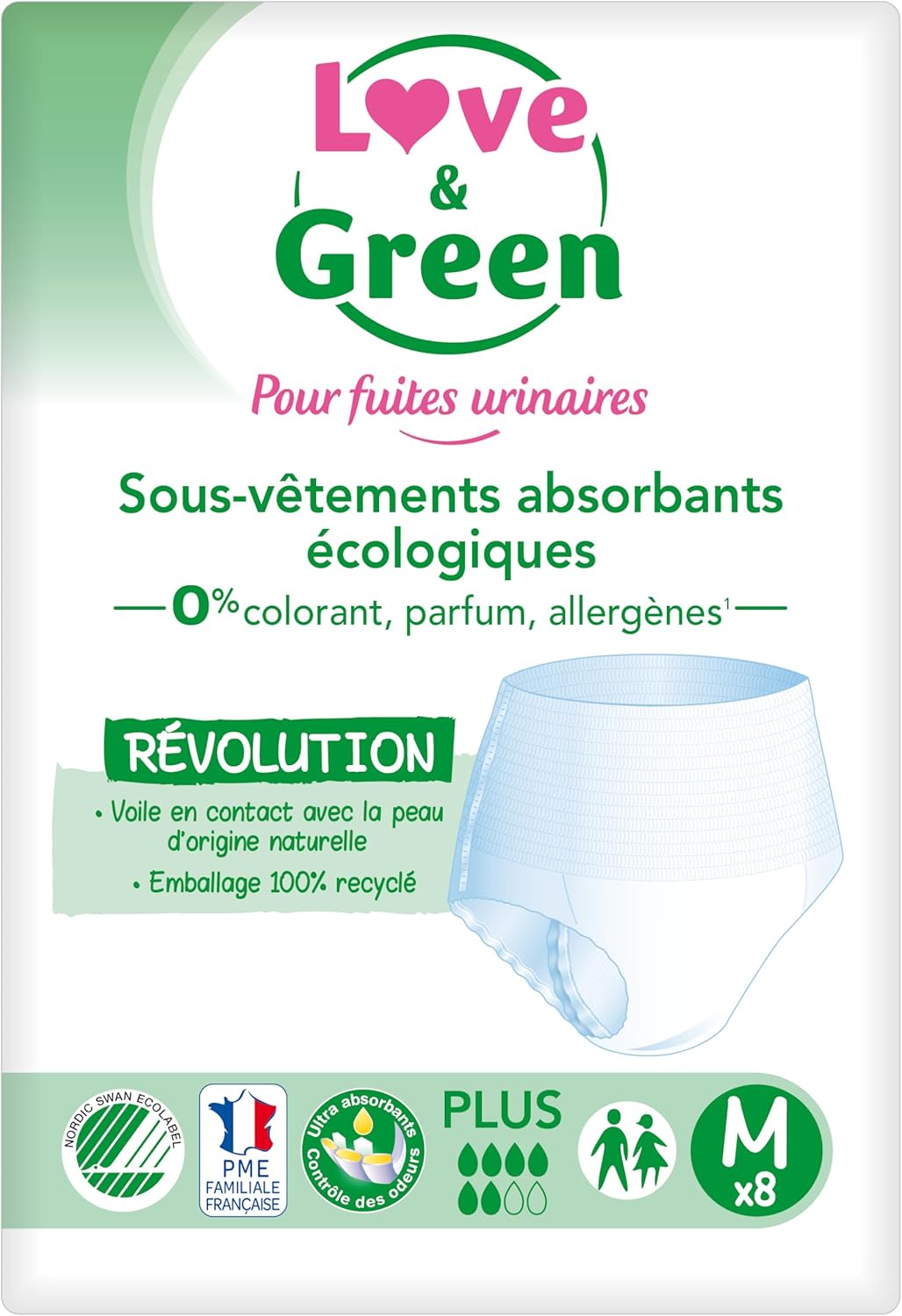 Love & Green Adult Absorbent Underwear Hypoallergenic And Eco-Friendly Plus Size M X8