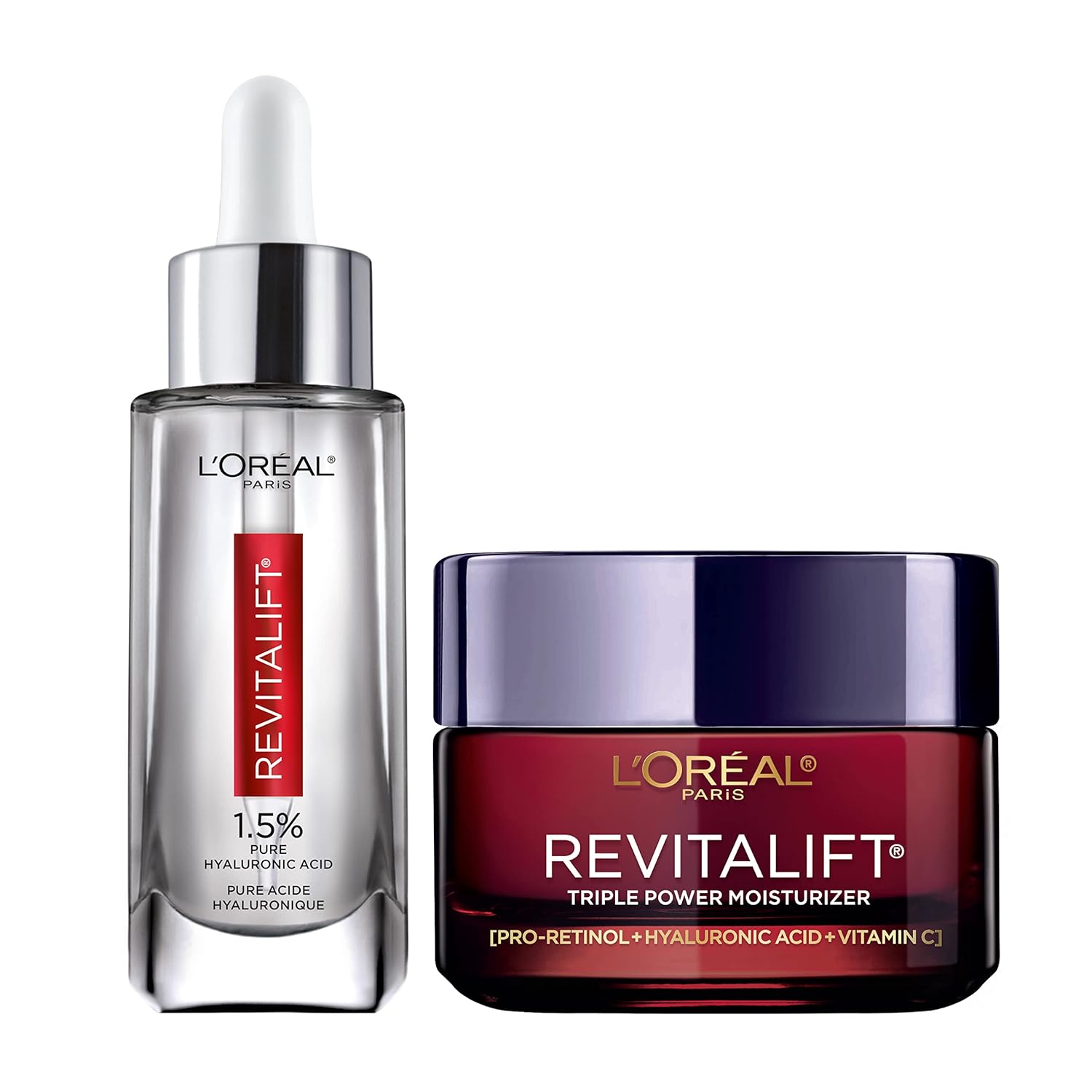 L'Oreal Paris Revitalift 1.5% Pure Hyaluronic Acid Face Serum + Triple Power Anti-Aging Face Moisturizer, 1 Kit