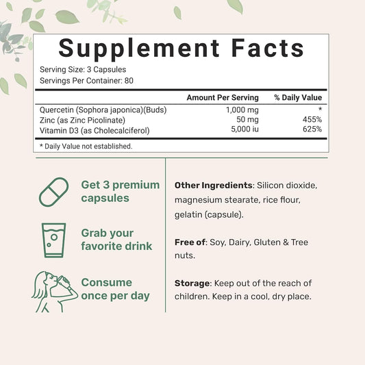 Micro Ingredients Quercetin Supplements with Zinc & Vitamin D3, 1,000mg Per Serving, 240 Capsules | 3 in 1 – Quercetin 1,000mg, Zinc Picolinate 50mg, & Vitamin D 5,000iu | Immune Support | Non-GMO