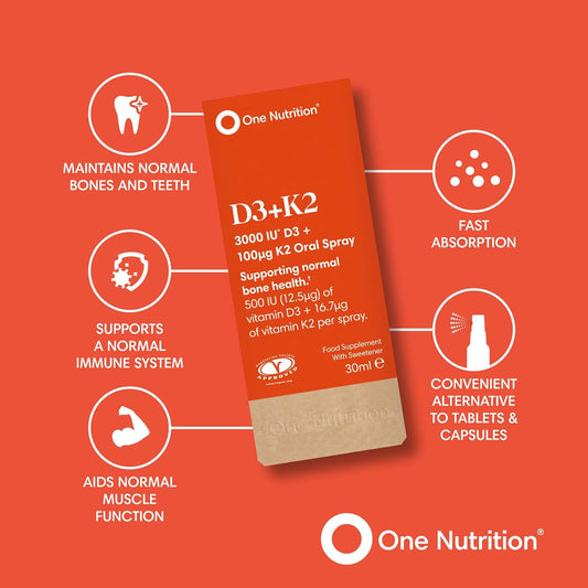 One Nutrition D3 + K2 Oral Spray – Vitamin D3 & Vitamin K2 – Highly Absorbable – Supports Bone Health & Immune System – Orange Flavour – 500Iu D3 And 16.7µg K2 Per Spray - 180 Sprays